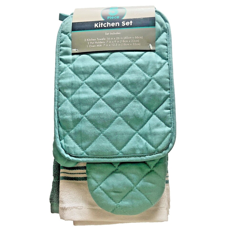 Aqua Blue Kitchen 2 Dishtowels 2 Potholders 1 Oven Mitt 100% Cotton Set of 5